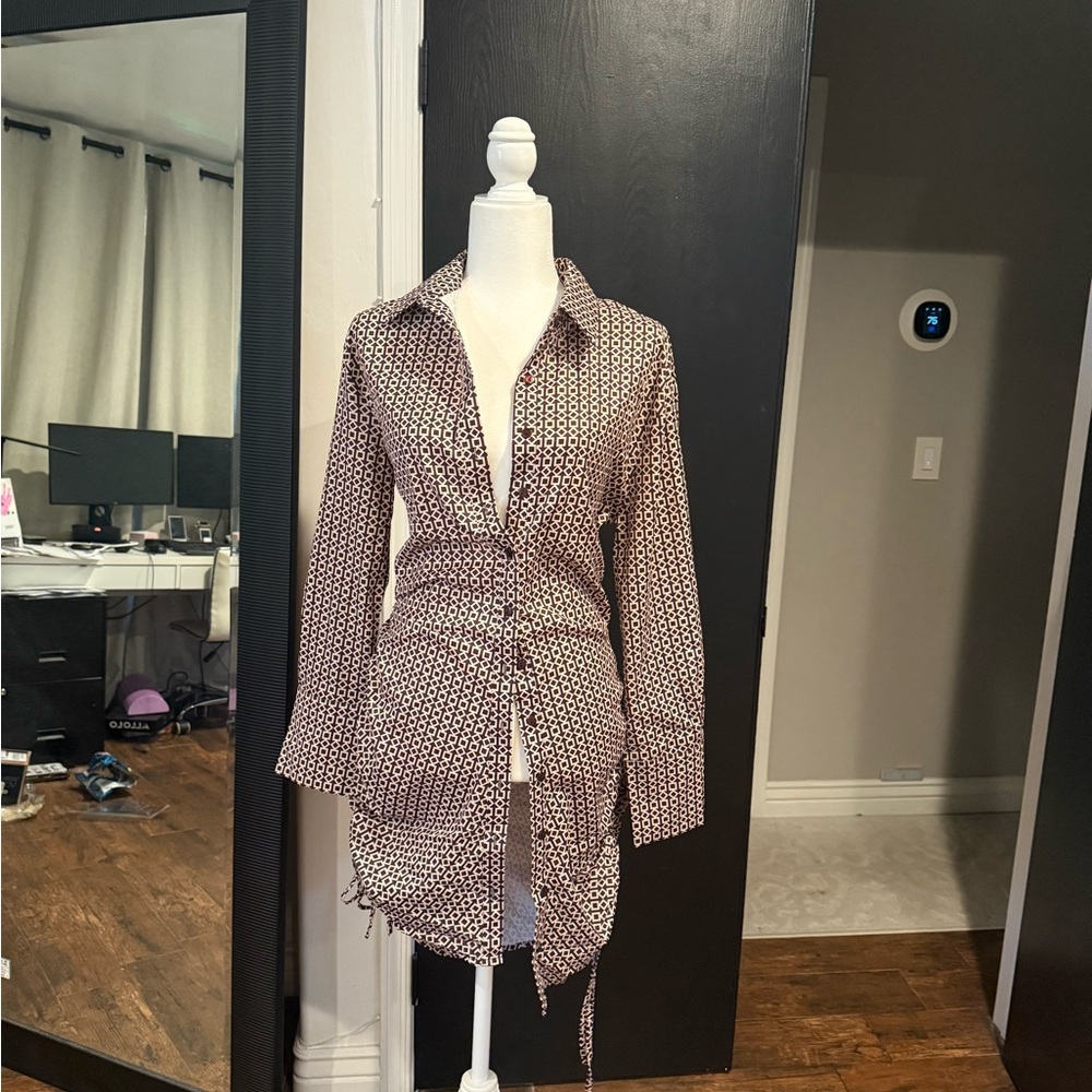 Fashion Nova Brown Printed Long-Sleeve Shirt Dress